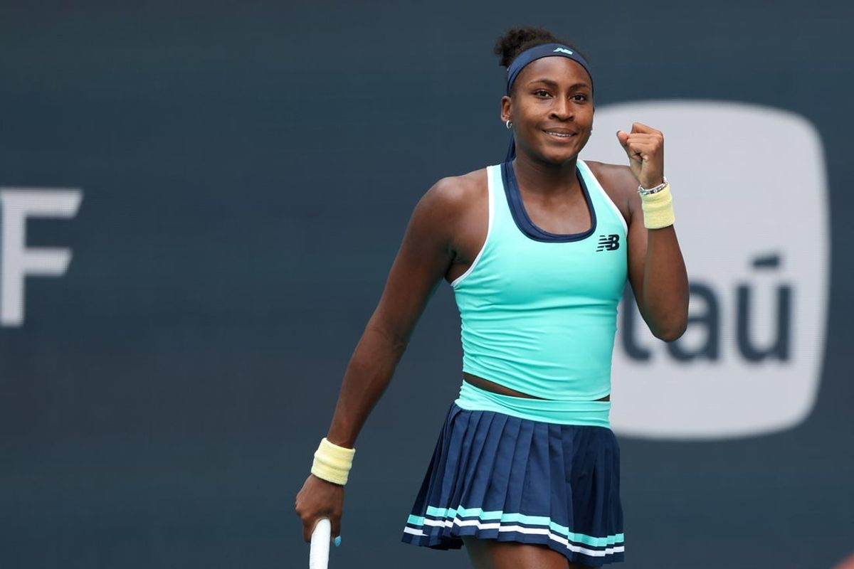 Mar 22, 2025; Miami, FL, USA; Coco Gauff (USA) celebrates after match point against Maria Sakkari (GRE)(not pictured) on day five of the Miami Open at Hard Rock Stadium. Mandatory Credit: Geoff Burke-Imagn Images