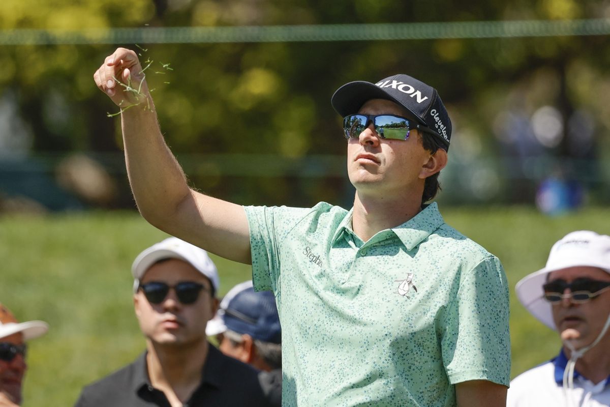 Mar 22, 2025; Palm Harbor, Florida, USA;  Nico Echavarria checks the wind before playing his shot from the eighth tee during the third round of the Valspar Championship golf tournament at Innisbrook Resort. Mandatory Credit: Reinhold Matay-Imagn Images
