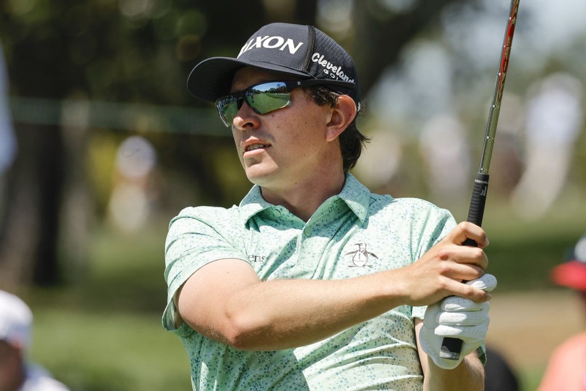 Mar 22, 2025; Palm Harbor, Florida, USA;  Nico Echavarria plays his shot from the eighth tee during the third round of the Valspar Championship golf tournament at Innisbrook Resort. Mandatory Credit: Reinhold Matay-Imagn Images