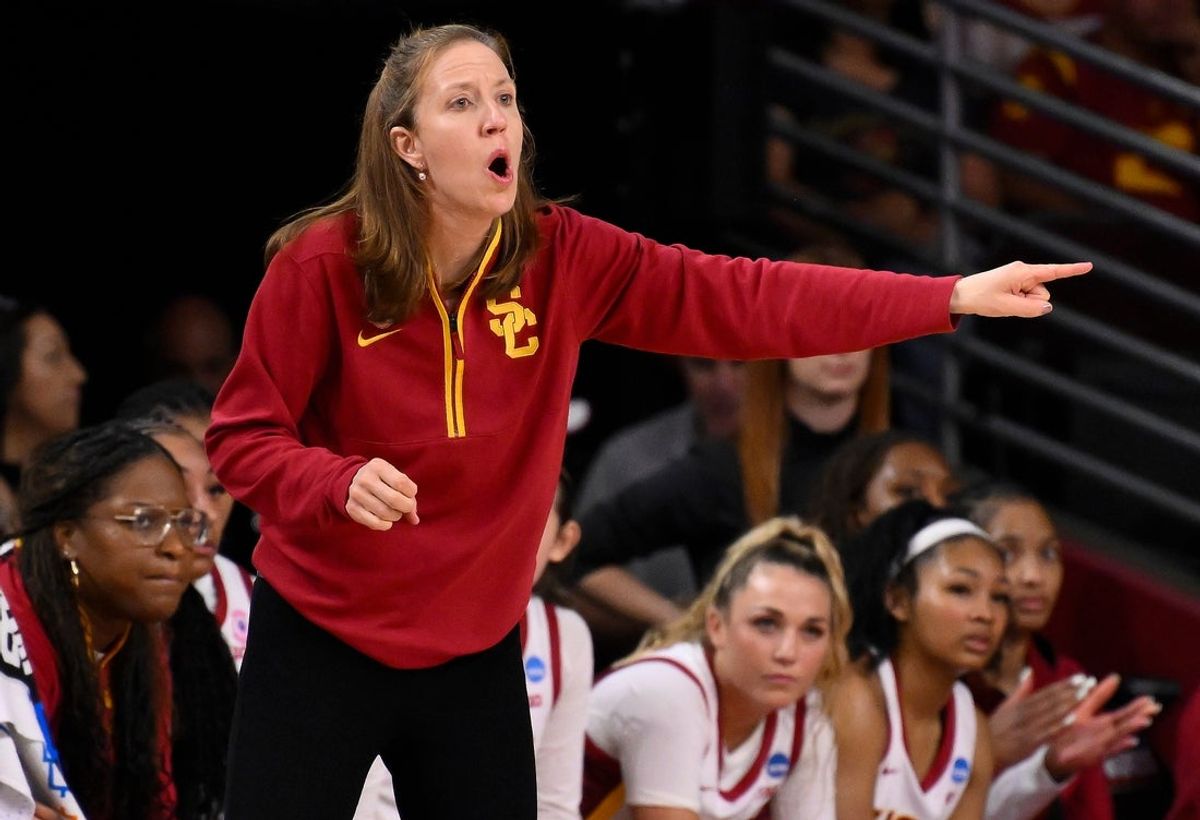 Mar 22, 2025; Los Angeles, California, USA; USC Trojans head coach Lindsay Gottlieb during the fourth quarter of an NCAA Tournament game against the UNC Greensboro Spartans at Galen Center. Mandatory Credit: Robert Hanashiro-Imagn Images