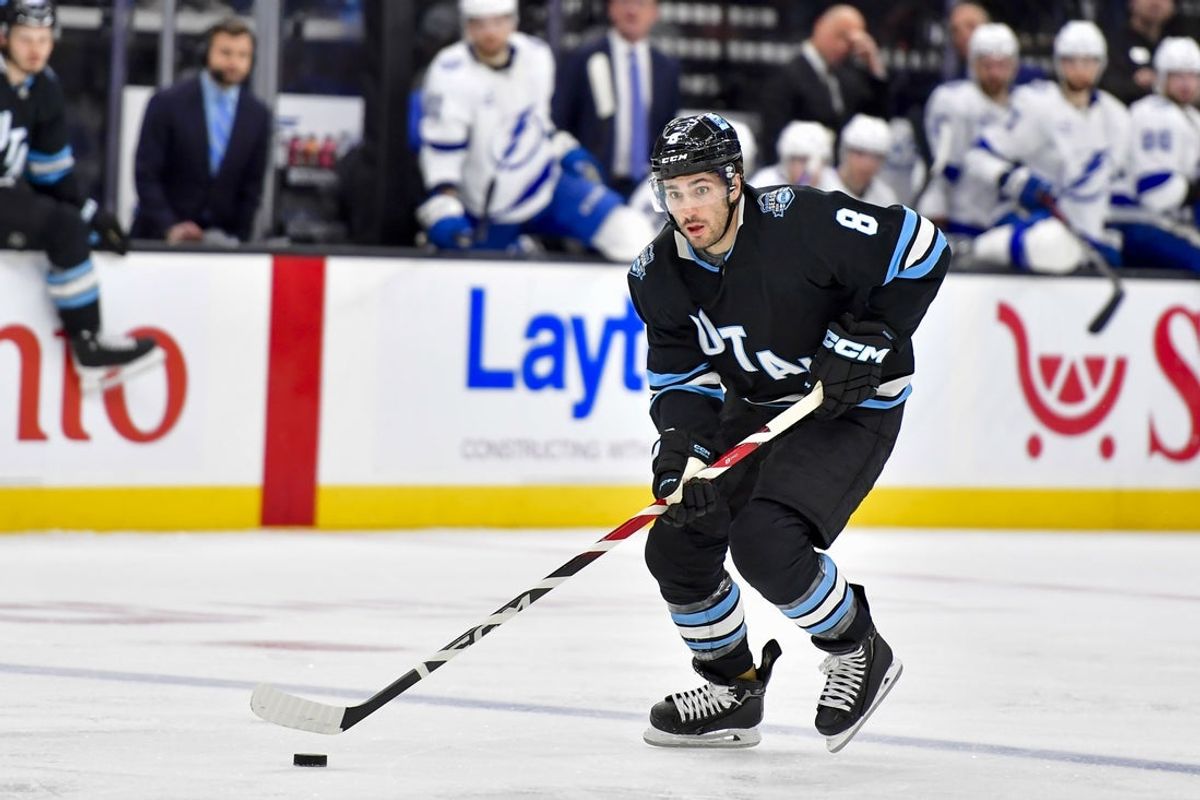 Mar 22, 2025; Salt Lake City, Utah, USA; Utah Hockey Club center Nick Schmaltz (8) makes breakaway against the Tampa Bay Lightning during second period at the Delta Center. Mandatory Credit: Peter Creveling-Imagn Images