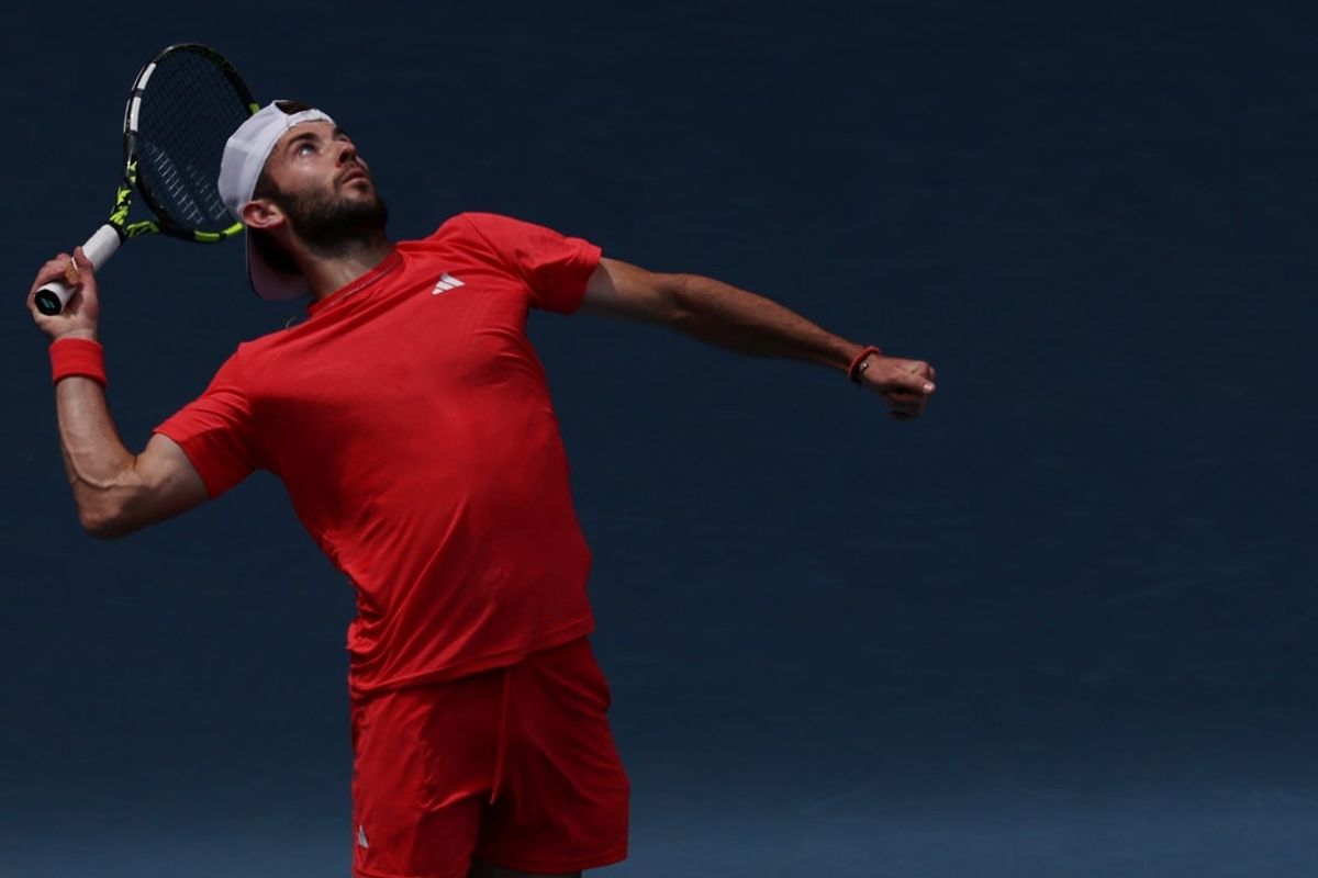 Mar 22, 2025; Miami, FL, USA; Jacob Fearnley (GBR) serves against Alexander Zverev (GER)(not pictured) on day five of the Miami Open at Hard Rock Stadium. Mandatory Credit: Geoff Burke-Imagn Images