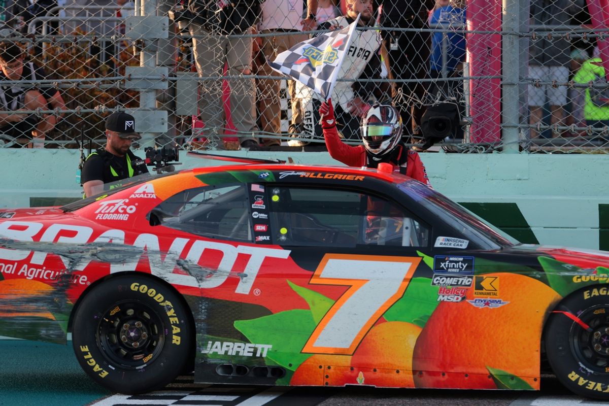 Mar 22, 2025; Homestead, Florida, USA; NASCAR Cup Series driver Justin Allgaier (7) celebrates after winning the Hard Rock Bet 300 at Homestead-Miami Speedway. Mandatory Credit: Sam Navarro-Imagn Images