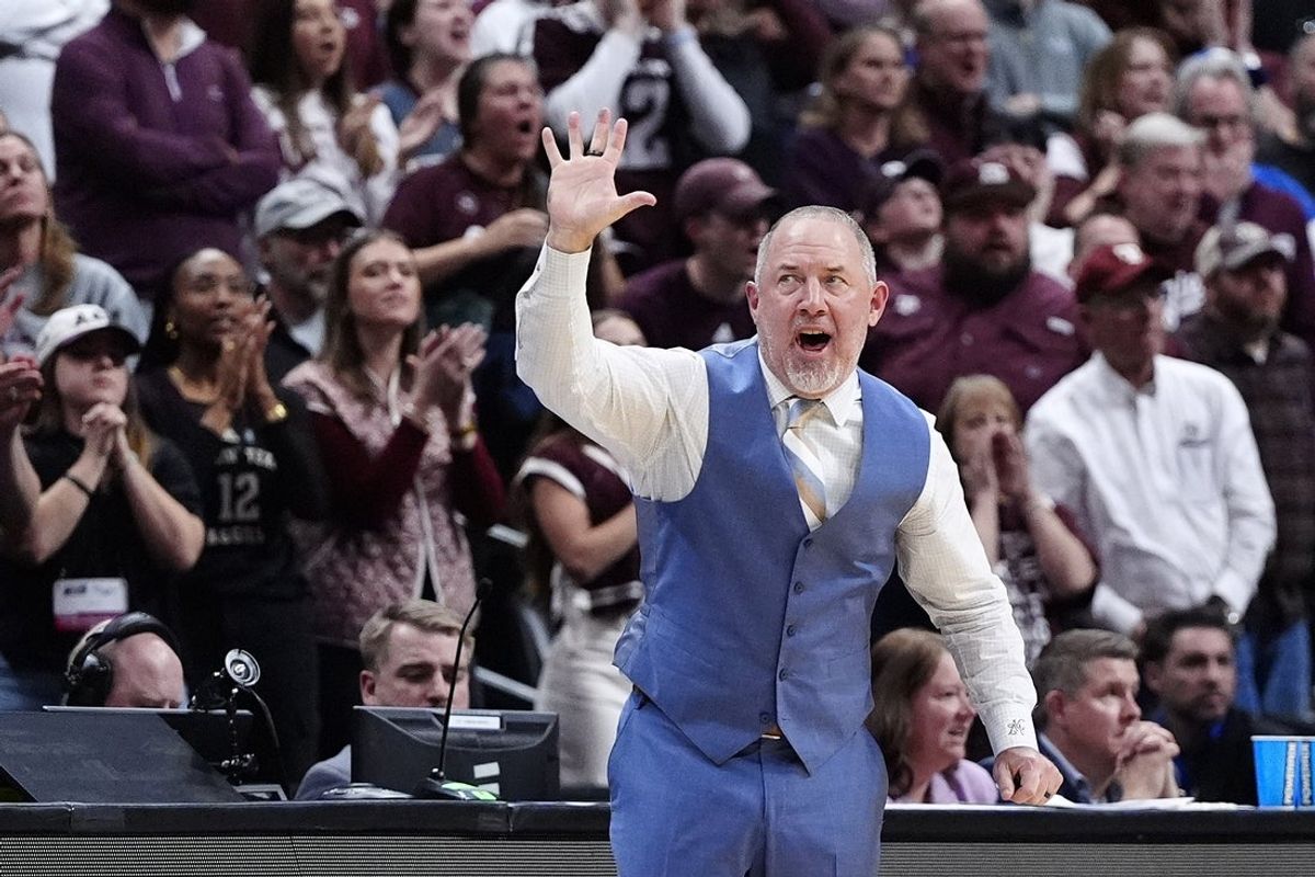Mar 22, 2025; Denver, CO, USA; Texas A&M Aggies head coach Buzz Williams reacts during the second half in the second round of the NCAA Tournament  at Ball Arena. Mandatory Credit: Ron Chenoy-Imagn Images