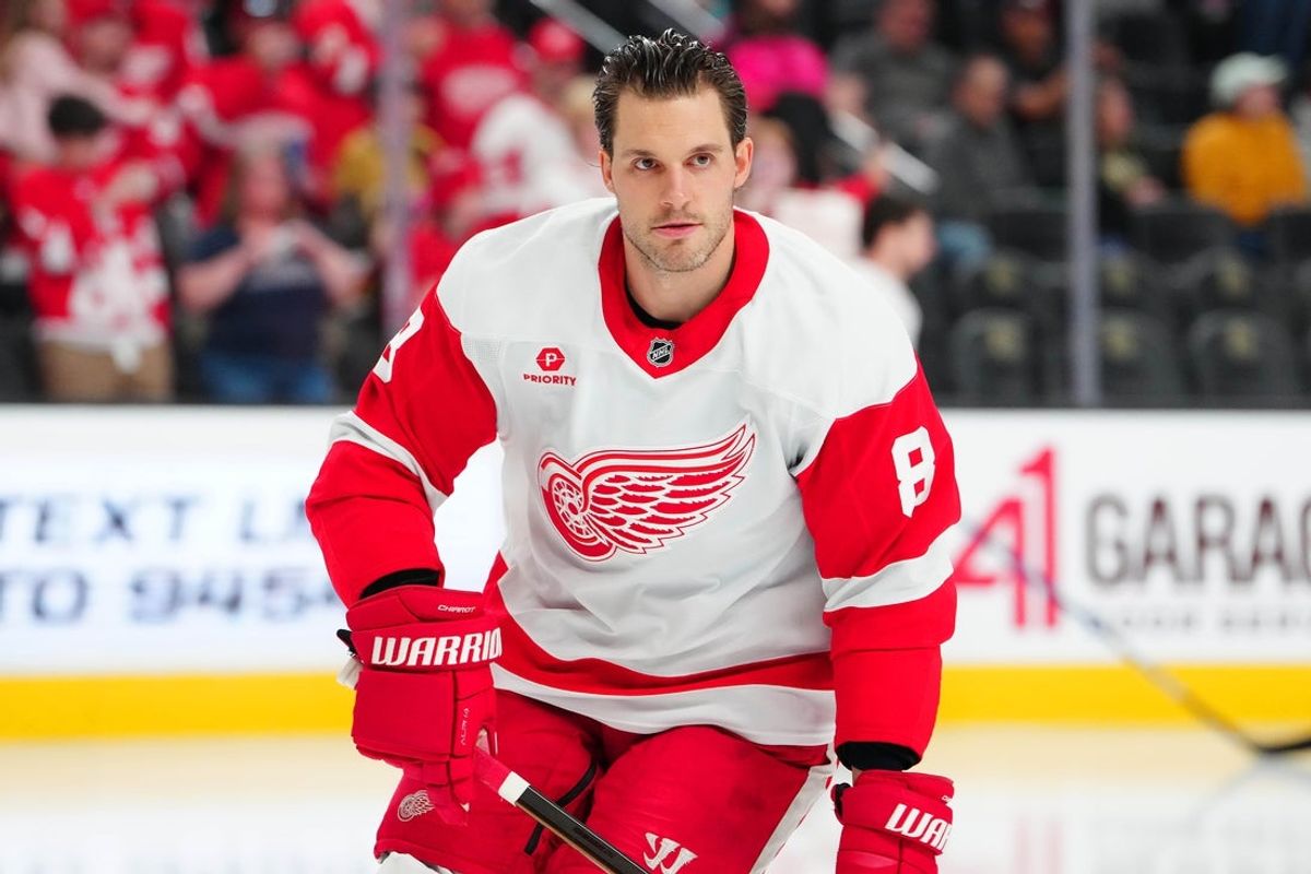Mar 22, 2025; Las Vegas, Nevada, USA; Detroit Red Wings defenseman Ben Chiarot (8) warms up before a game against the Vegas Golden Knights at T-Mobile Arena. Mandatory Credit: Stephen R. Sylvanie-Imagn Images