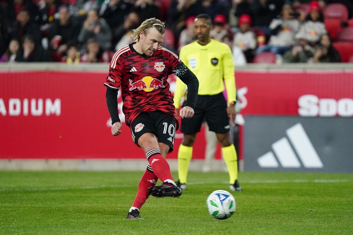 Mar 22, 2025; Harrison, New Jersey, USA; New York Red Bulls midfielder Emil Forsberg (10) scores on a penalty kick during the first half against Toronto FC at Sports Illustrated Stadium. Mandatory Credit: Lucas Boland-Imagn Images