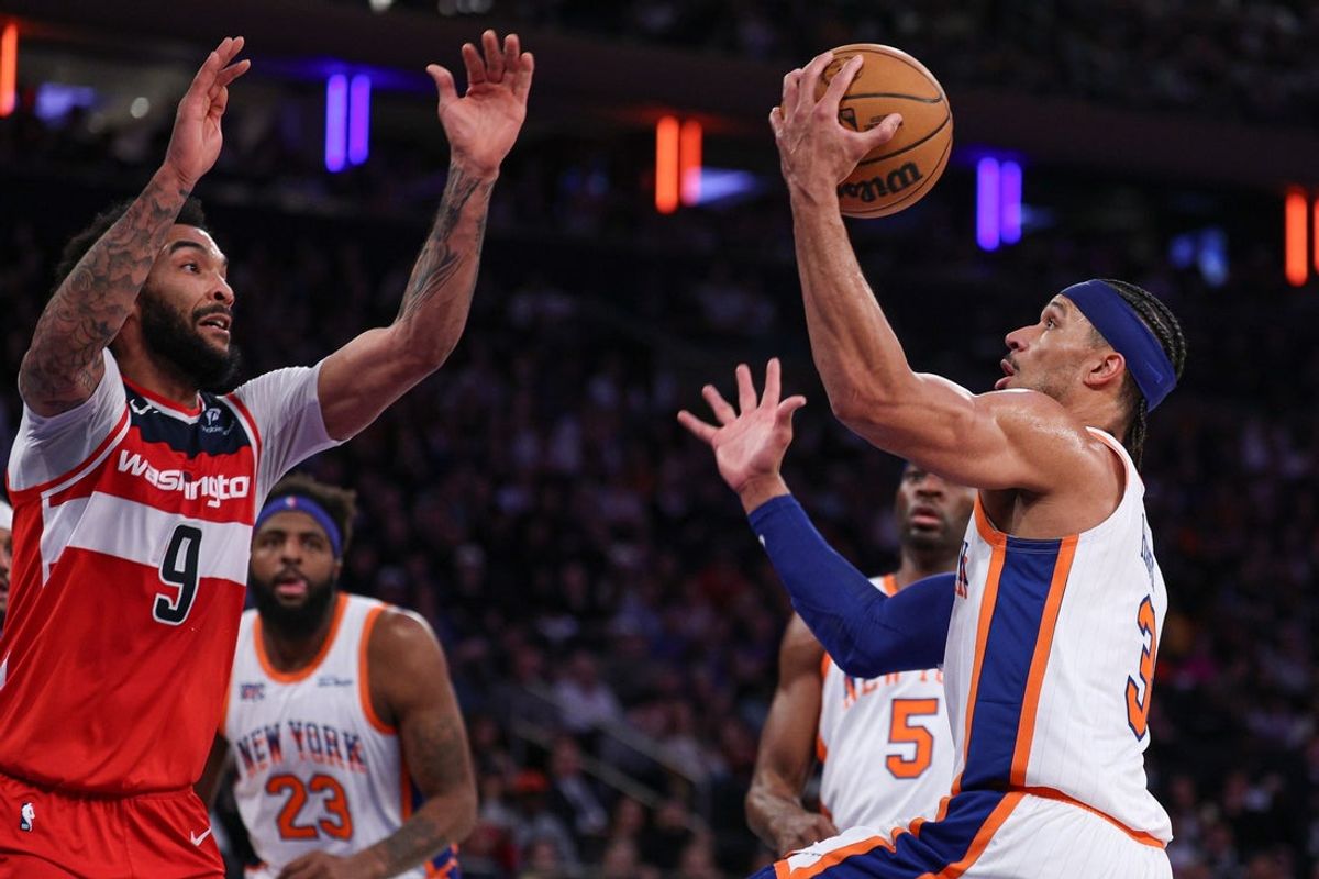 Mar 22, 2025; New York, New York, USA; New York Knicks guard Josh Hart (3) drives to the basket after the game Washington Wizards forward Justin Champagnie (9) during the first half at Madison Square Garden. Mandatory Credit: Vincent Carchietta-Imagn Images