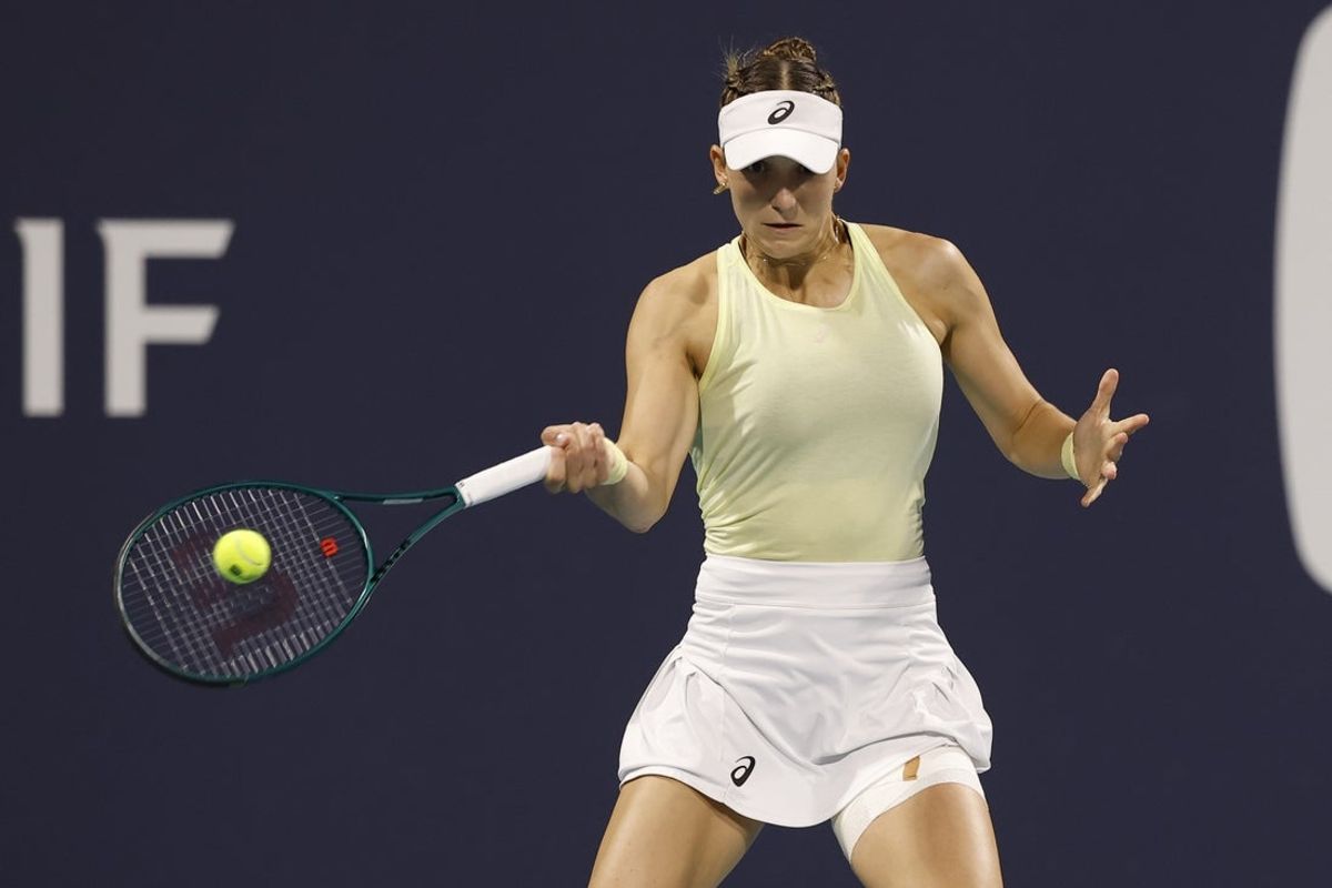 Mar 22, 2025; Miami, FL, USA; Rebeka Masarova (SUI) hits a forehand against Danielle Collins (USA)(not pictured) on day five of the Miami Open at Hard Rock Stadium. Mandatory Credit: Geoff Burke-Imagn Images