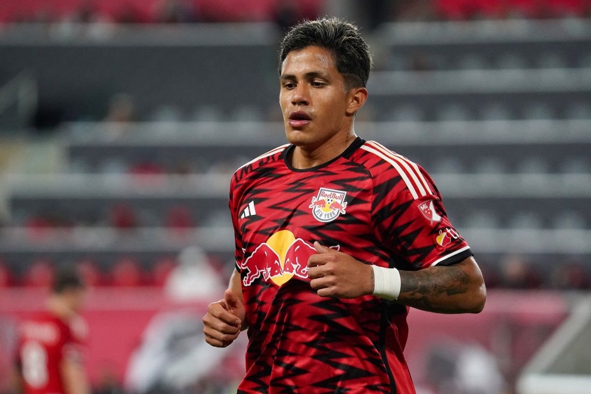 Mar 22, 2025; Harrison, New Jersey, USA; New York Red Bulls midfielder Wiki Carmona (19) competes during the first half at Sports Illustrated Stadium. Mandatory Credit: Lucas Boland-Imagn Images