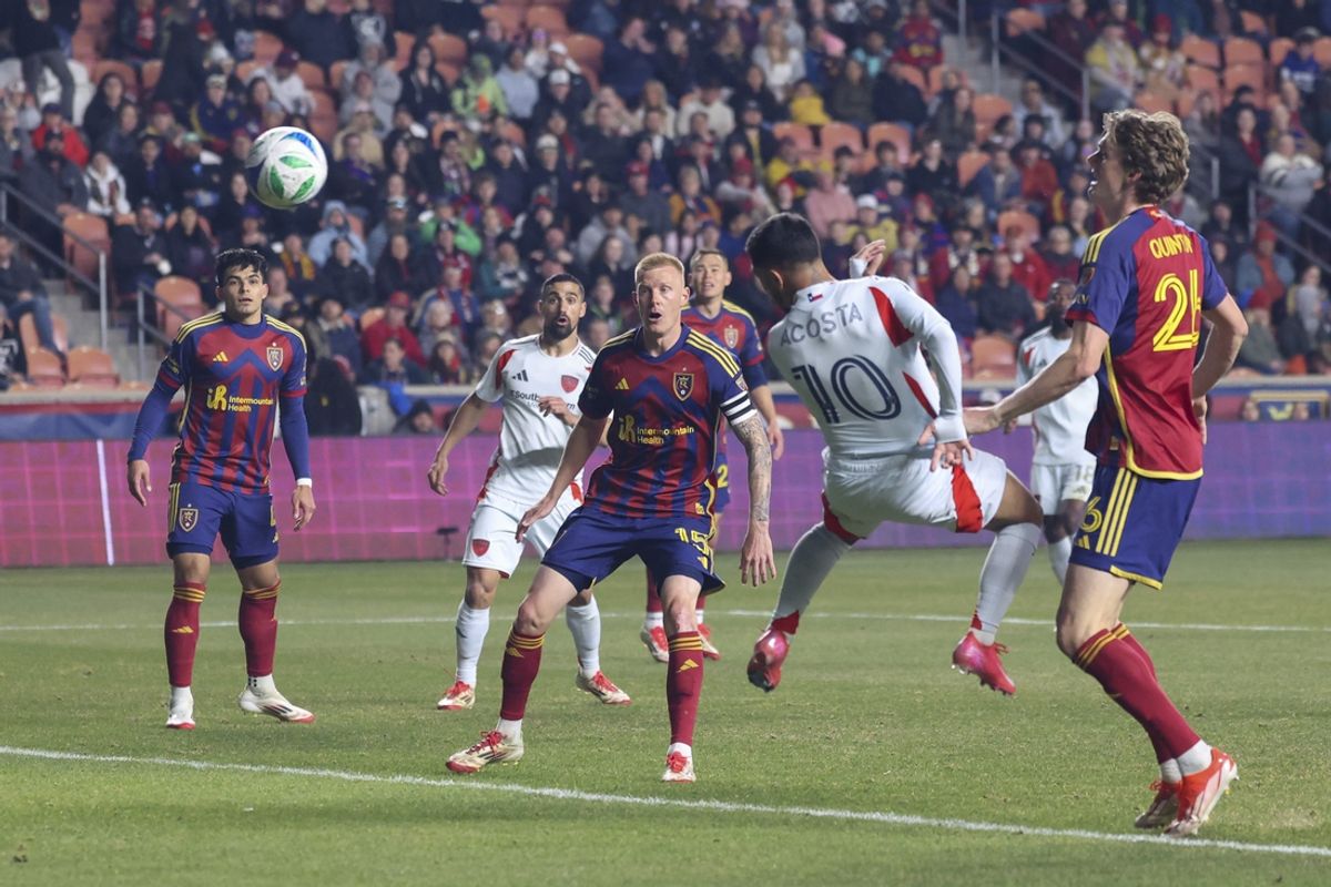 Mar 22, 2025; Sandy, Utah, USA; FC Dallas midfielder Luciano Acosta (10) heads a ball for a goal against Real Salt Lake during the first half at America First Field. Mandatory Credit: Rob Gray-Imagn Images