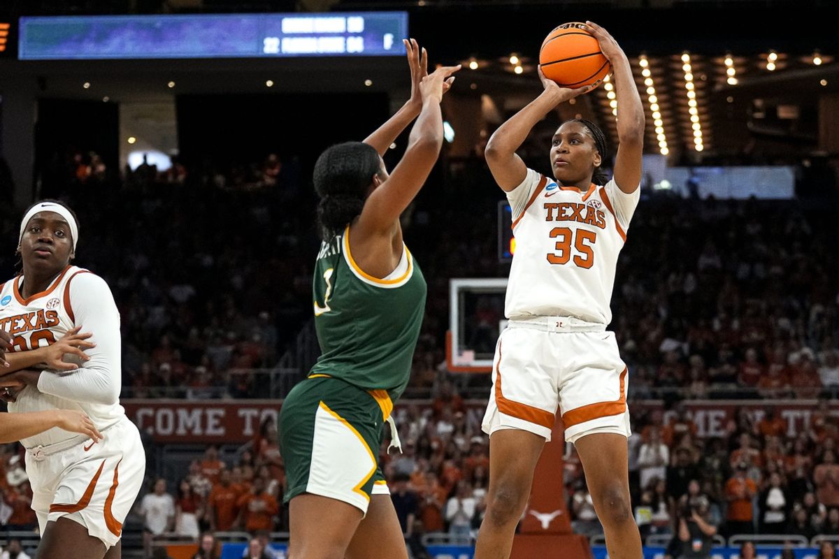 Texas Longhorns forward Madison Booker (35) shoots the ball during the first round NCAA playoff game against William & Mary at the Moody Center on Saturday, March 22, 2025.