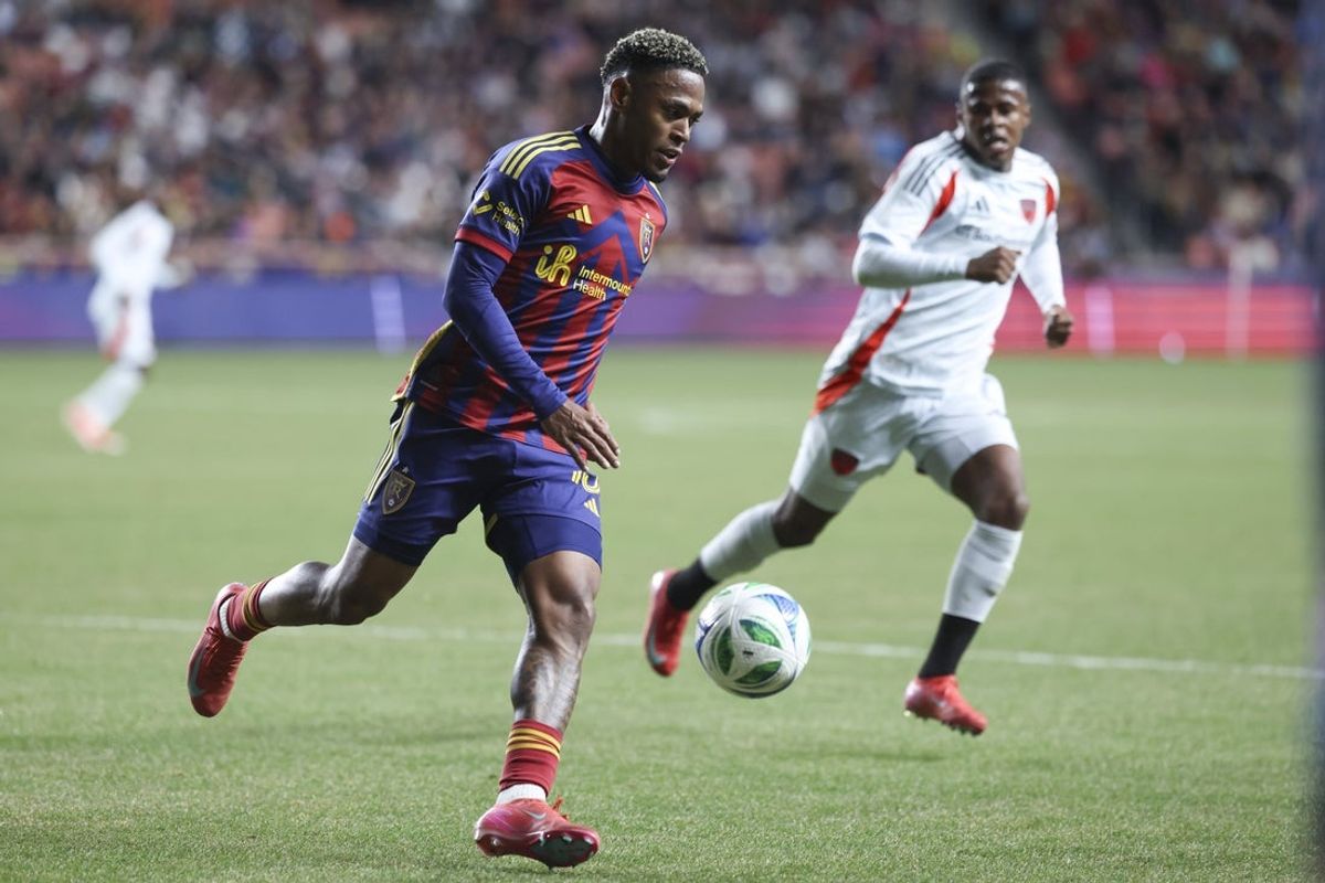 Mar 22, 2025; Sandy, Utah, USA; Real Salt Lake midfielder Nelson Palacio (13) dribbles the ball against FC Dallas during the first half at America First Field. Mandatory Credit: Rob Gray-Imagn Images