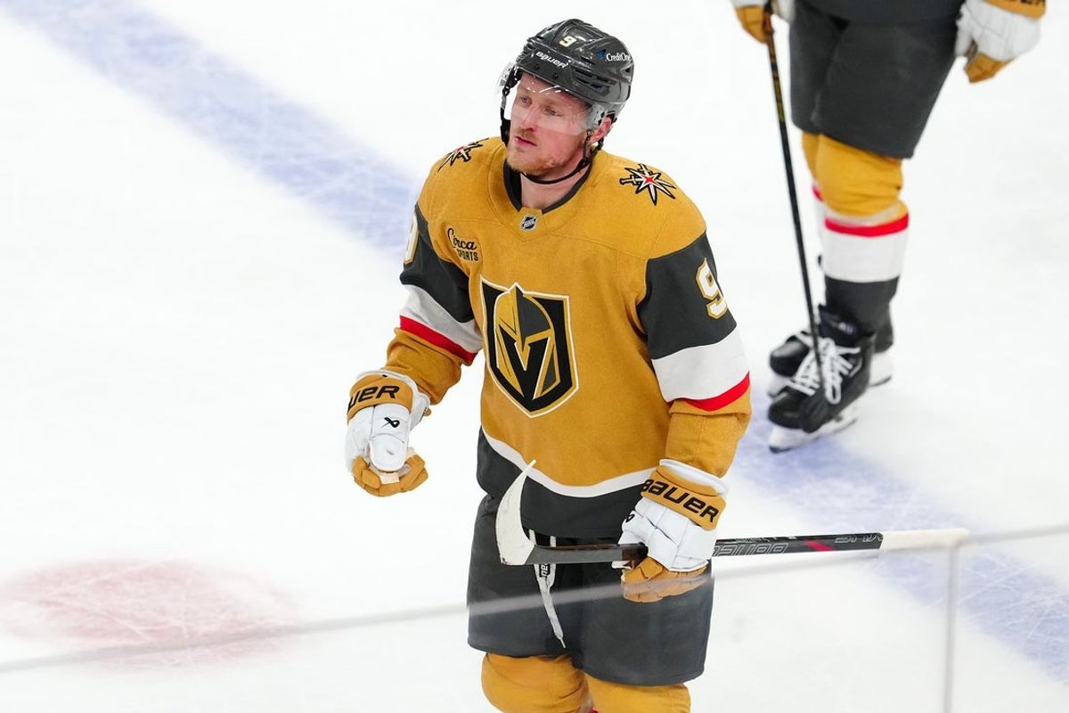 Mar 22, 2025; Las Vegas, Nevada, USA; Vegas Golden Knights center Jack Eichel (9) celebrates after scoring an empty net goal against the Detroit Red Wings during the third period at T-Mobile Arena. Mandatory Credit: Stephen R. Sylvanie-Imagn Images
