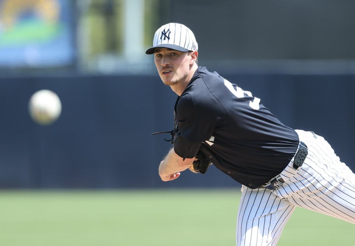 Mar 23, 2025; Tampa, Florida, USA; New York Yankees pitcher Max Fried (54) throws a pitch against the Tampa Bay Rays during the first inning at George M. Steinbrenner Field. Mandatory Credit: Kim Klement Neitzel-Imagn Images