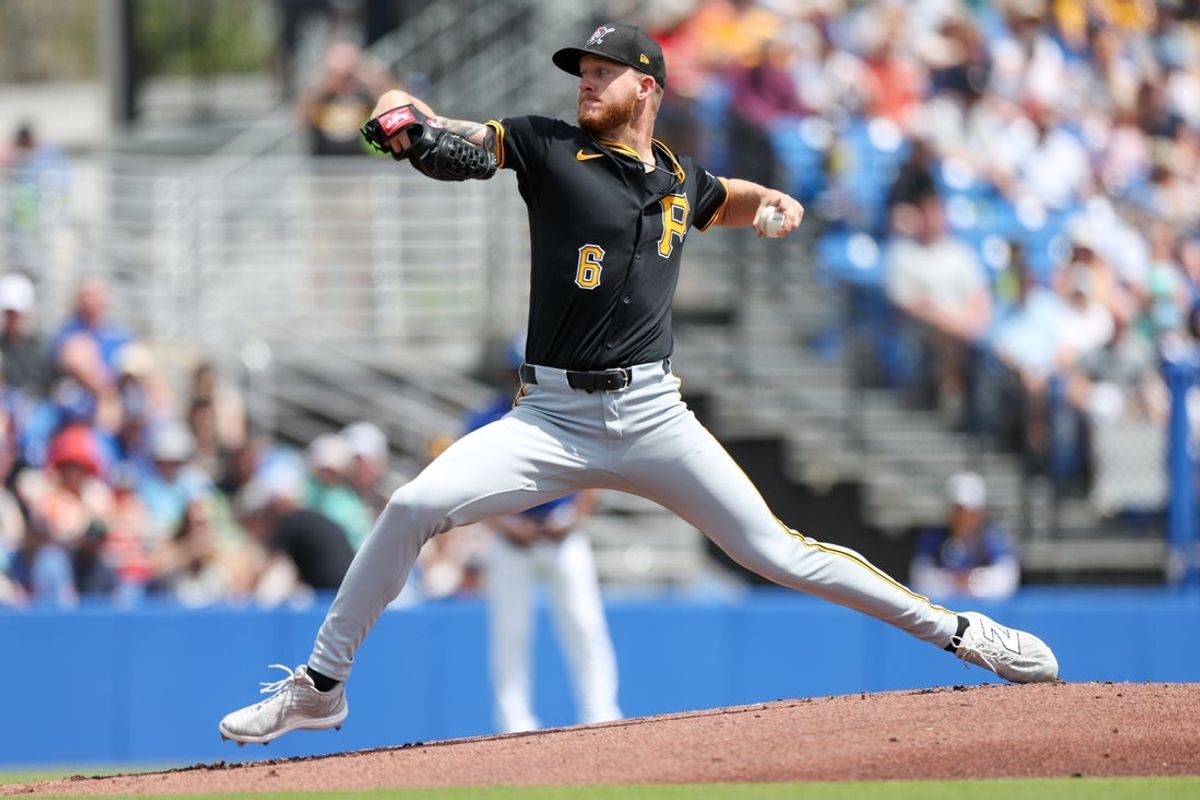 Mar 23, 2025; Dunedin, Florida, USA; Pittsburgh Pirates pitcher Bailey Falter (6) throws a pitch against the Toronto Blue Jays in the first inning during spring training at TD Ballpark. Mandatory Credit: Nathan Ray Seebeck-Imagn Images