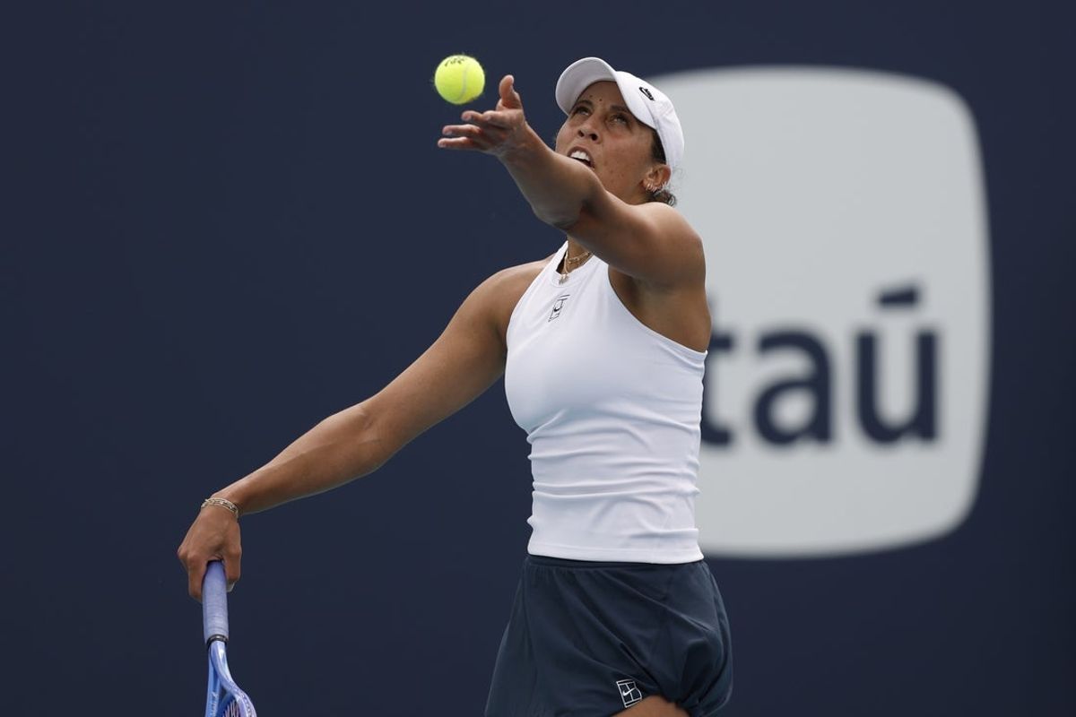 Mar 23, 2025; Miami, FL, USA; Madison Keys (USA) serves against Alexandra Eala (PHI)(not pictured) on day six of the Miami Open at Hard Rock Stadium. Mandatory Credit: Geoff Burke-Imagn Images