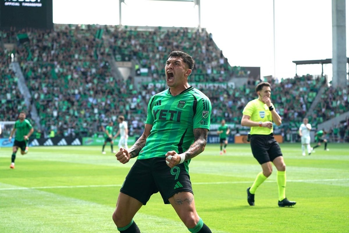 Mar 23, 2025; Austin, Texas, USA; Austin FC forward Brandon Vazquez (9) celebrates after scoring a goal during the first half against San DIego FC at Q2 Stadium. Mandatory Credit: Dustin Safranek-Imagn Images