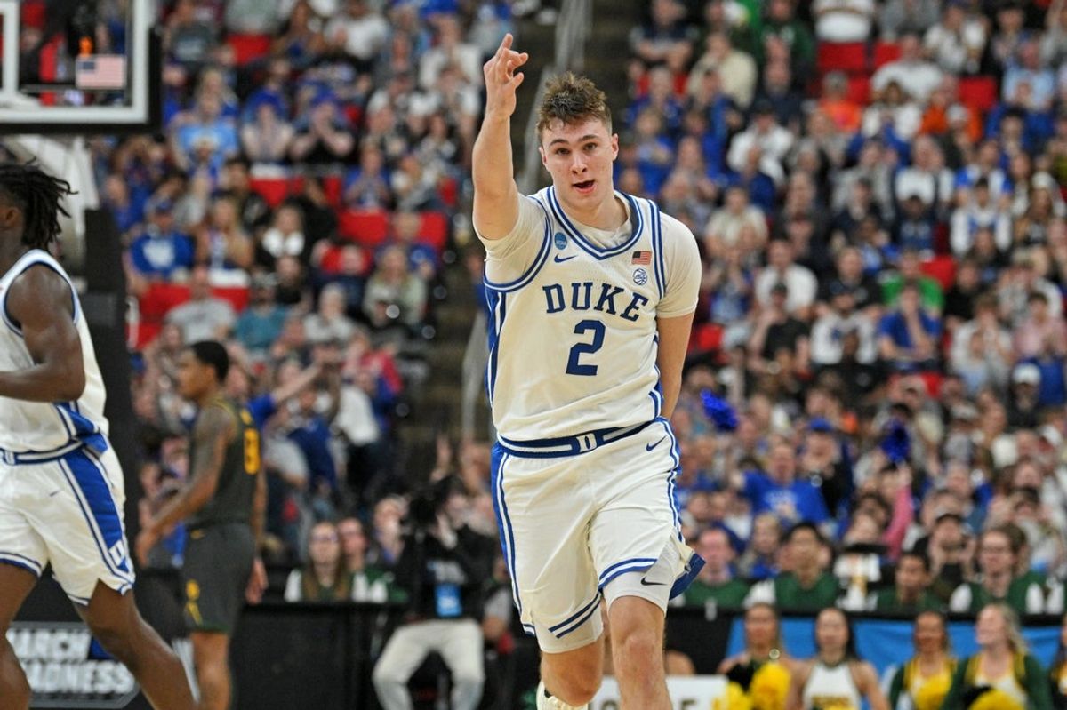 Mar 23, 2025; Raleigh, NC, USA; Duke Blue Devils forward Cooper Flagg (2) reacts after scoring a 3 pointer during the first half against the Baylor Bears in the second round of the NCAA Tournament at Lenovo Center. Mandatory Credit: Zachary Taft-Imagn Images
