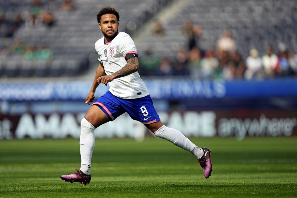Mar 23, 2025; Inglewood, California, USA; USA midfielder Weston McKennie (8) during the first half against Canada the Concacaf Nations League third place match at SoFi Stadium. Mandatory Credit: Kyle Terada-Imagn Images