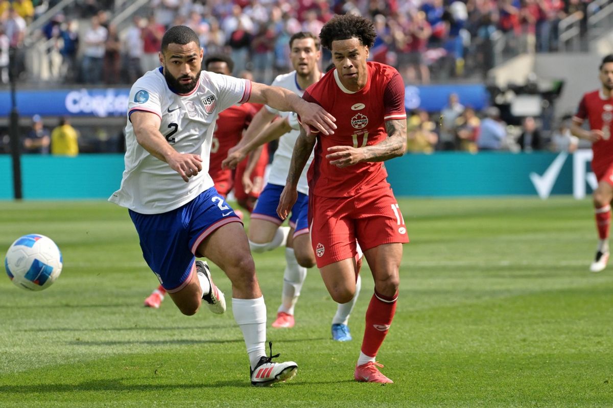 Mar 23, 2025; Inglewood, California, USA; Canada forward Tajon Buchanan (17) chases the ball against United States of America defender Cameron Carter-Vickers (2) during the first half of the Concacaf Nations League third place match at SoFi Stadium. Mandatory Credit: Jayne Kamin-Oncea-Imagn Images