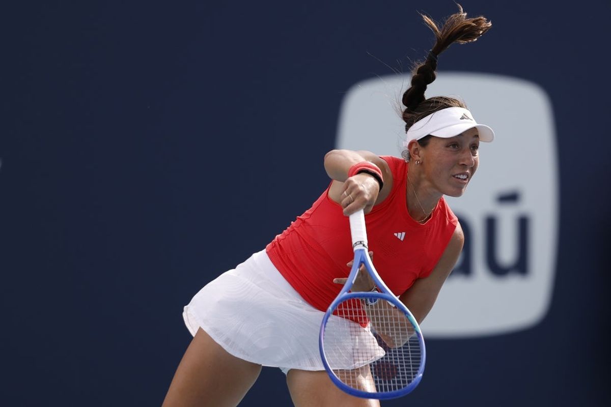 Mar 23, 2025; Miami, FL, USA; Jessica Pegula (USA) serves against Anna Kalinskaya (not pictured) on day six of the Miami Open at Hard Rock Stadium. Mandatory Credit: Geoff Burke-Imagn Images