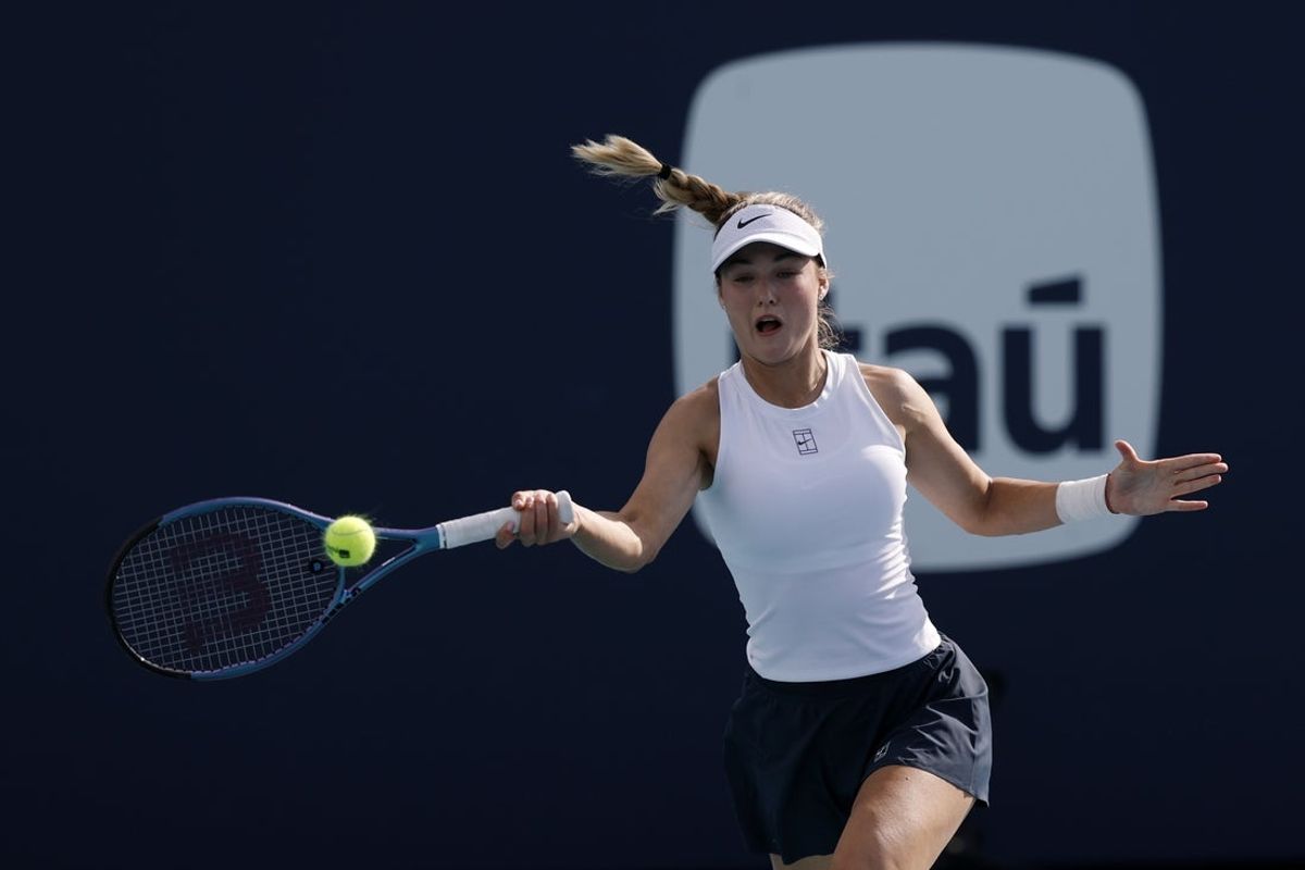 Mar 23, 2025; Miami, FL, USA; Anna Kalinskaya hits a forehand against Jessica Pegula (USA)(not pictured) on day six of the Miami Open at Hard Rock Stadium. Mandatory Credit: Geoff Burke-Imagn Images