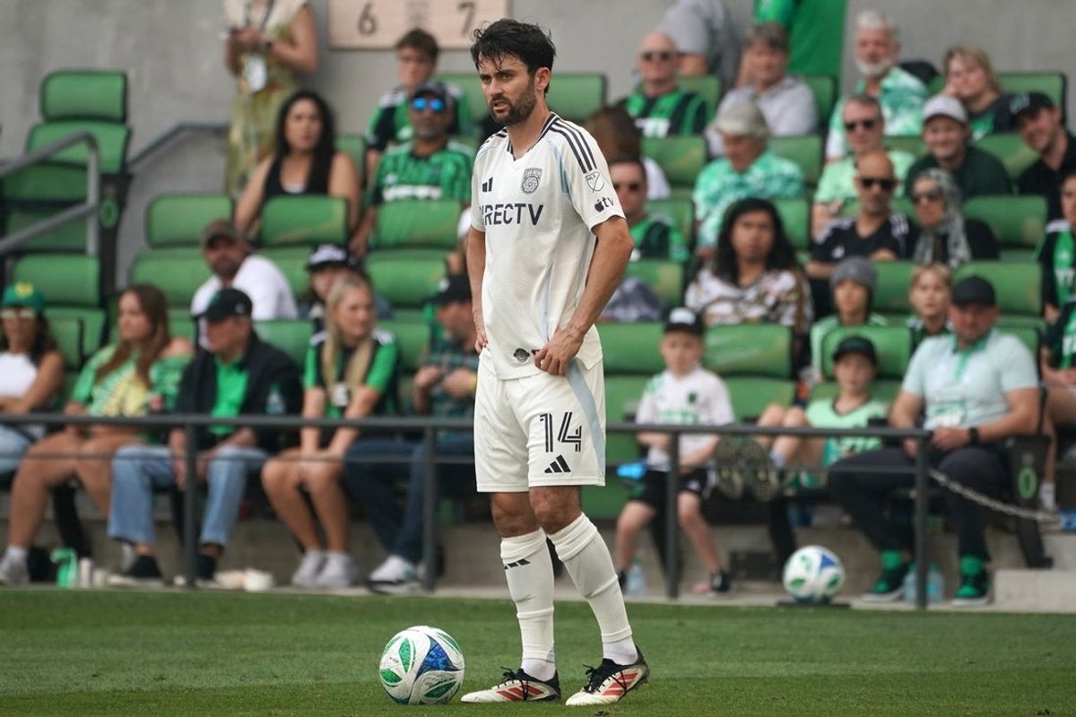 Mar 23, 2025; Austin, Texas, USA; San Diego FC midfielder Luca de la Torre (14) kicks against Austin FC during the second half at Q2 Stadium. Mandatory Credit: Dustin Safranek-Imagn Images