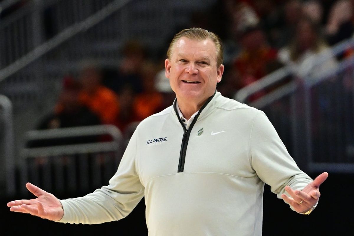 Mar 23, 2025; Milwaukee, WI, USA;  Illinois Fighting Illini head coach Brad Underwood reacts during the second half in the second round of the NCAA Tournament against the Kentucky Wildcats at Fiserv Forum. Mandatory Credit: Benny Sieu-Imagn Images