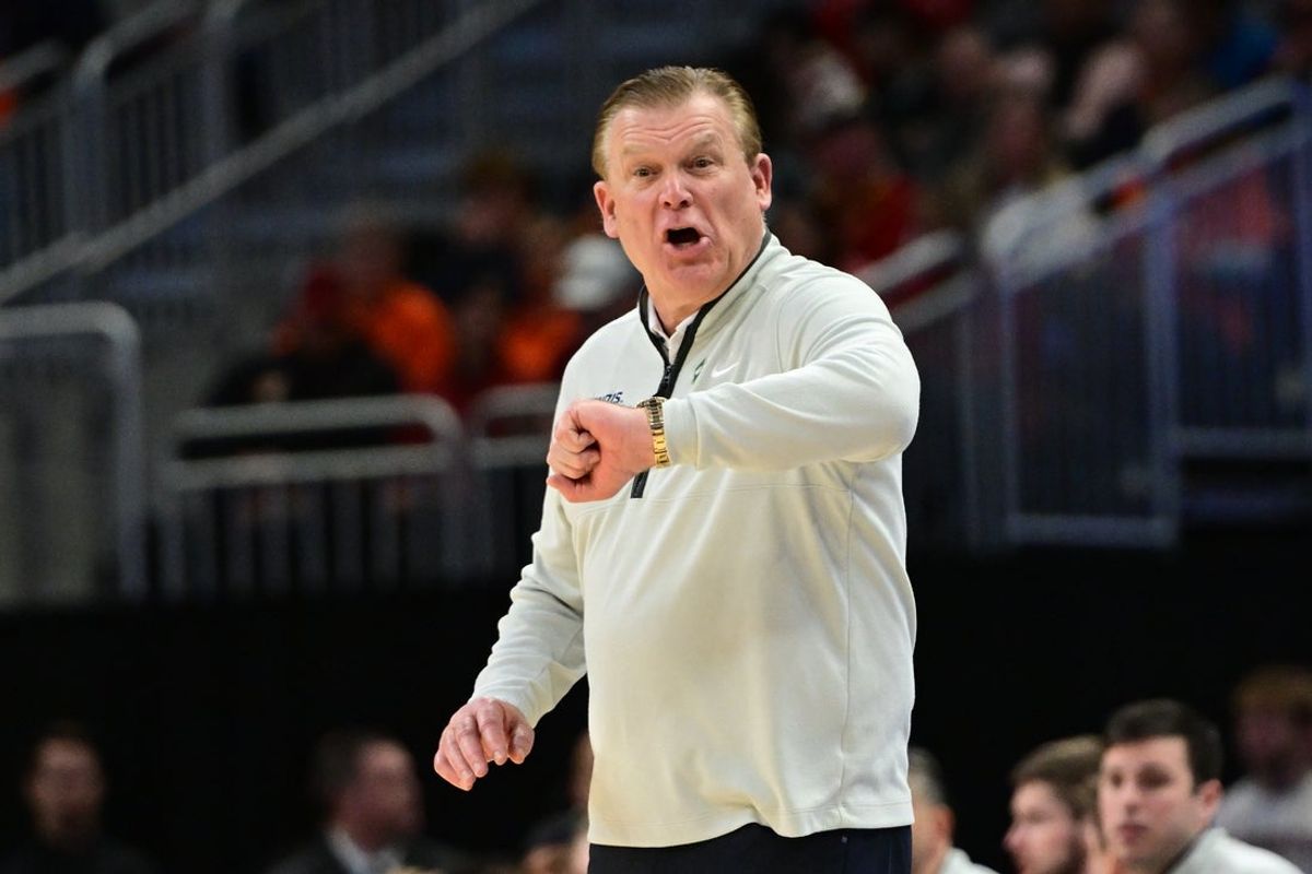 Mar 23, 2025; Milwaukee, WI, USA;  Illinois Fighting Illini head coach Brad Underwood reacts during the second half in the second round of the NCAA Tournament against the Kentucky Wildcats at Fiserv Forum. Mandatory Credit: Benny Sieu-Imagn Images