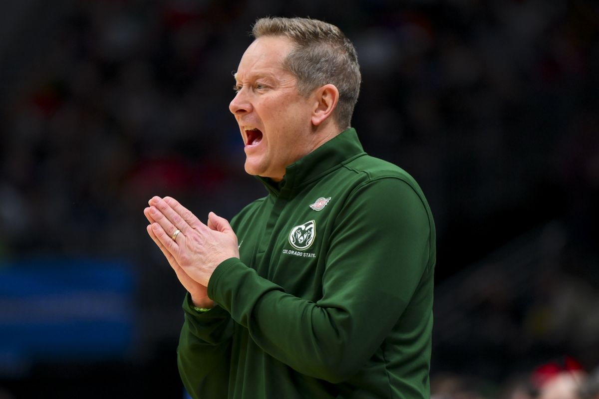 Mar 23, 2025; Seattle, WA, USA; Colorado State Rams head coach Niko Medved works the sideline against the Maryland Terrapins in the first half at Climate Pledge Arena. Mandatory Credit: Steven Bisig-Imagn Images