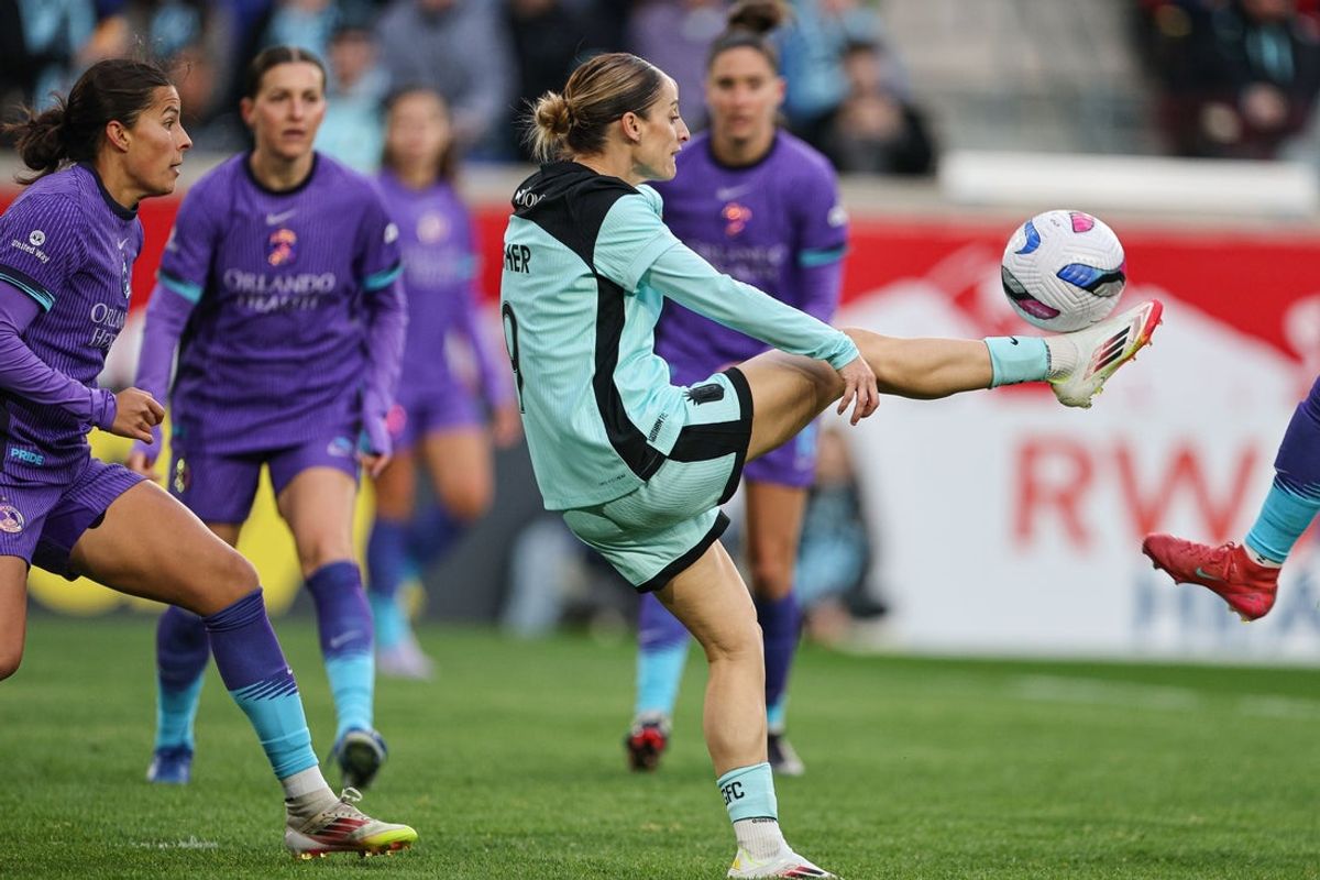 Mar 23, 2025; Harrison, New Jersey, USA; Gotham FC forward Esther Gonzalez (9) plays the ball during the second half against the Orlando Pride at Sports Illustrated Stadium. Mandatory Credit: Vincent Carchietta-Imagn Images