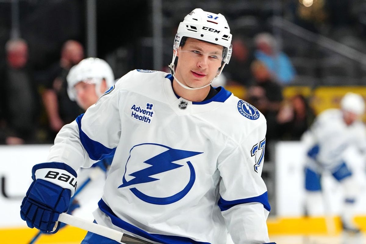 Mar 23, 2025; Las Vegas, Nevada, USA; Tampa Bay Lightning center Yanni Gourde (37) warms up before a game against the Vegas Golden Knights at T-Mobile Arena. Mandatory Credit: Stephen R. Sylvanie-Imagn Images