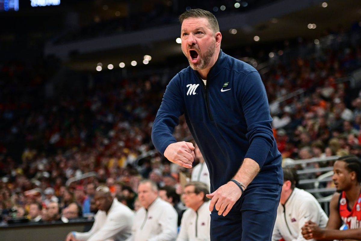Mar 23, 2025; Milwaukee, WI, USA;  Mississippi Rebels head coach Chris Beard reacts during the first half in the second round of the NCAA Tournament against the Iowa State Cyclones at Fiserv Forum. Mandatory Credit: Benny Sieu-Imagn Images
