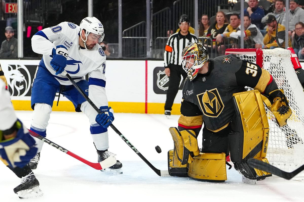 Mar 23, 2025; Las Vegas, Nevada, USA; Vegas Golden Knights goaltender Ilya Samsonov (35) makes a save against Tampa Bay Lightning left wing Nick Paul (20) during the first period at T-Mobile Arena. Mandatory Credit: Stephen R. Sylvanie-Imagn Images