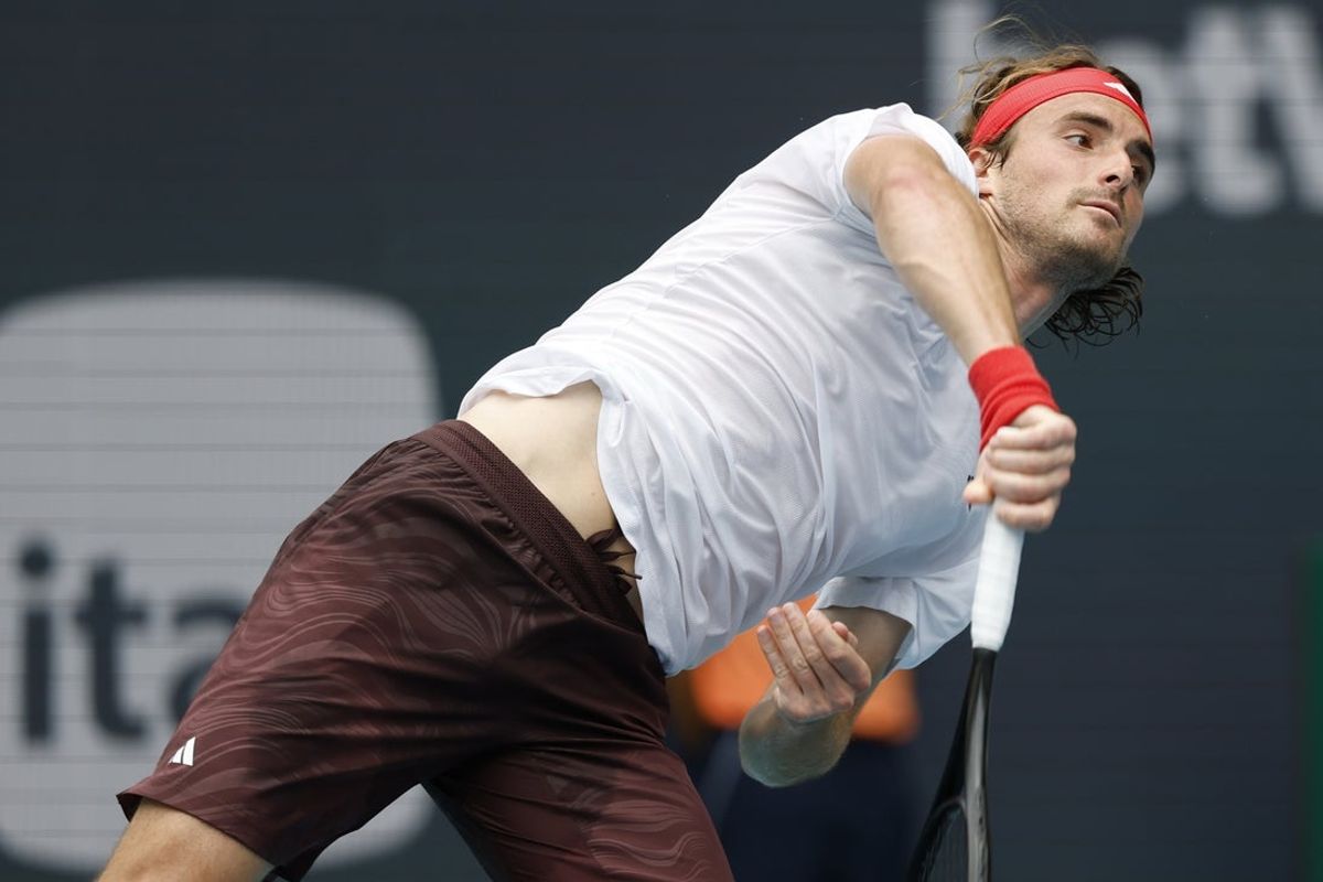 Mar 23, 2025; Miami, FL, USA; Stefanos Tsitsipas (GRE) serves against Sebastian Korda (USA)(not pictured) on day six of the Miami Open at Hard Rock Stadium. Mandatory Credit: Geoff Burke-Imagn Images