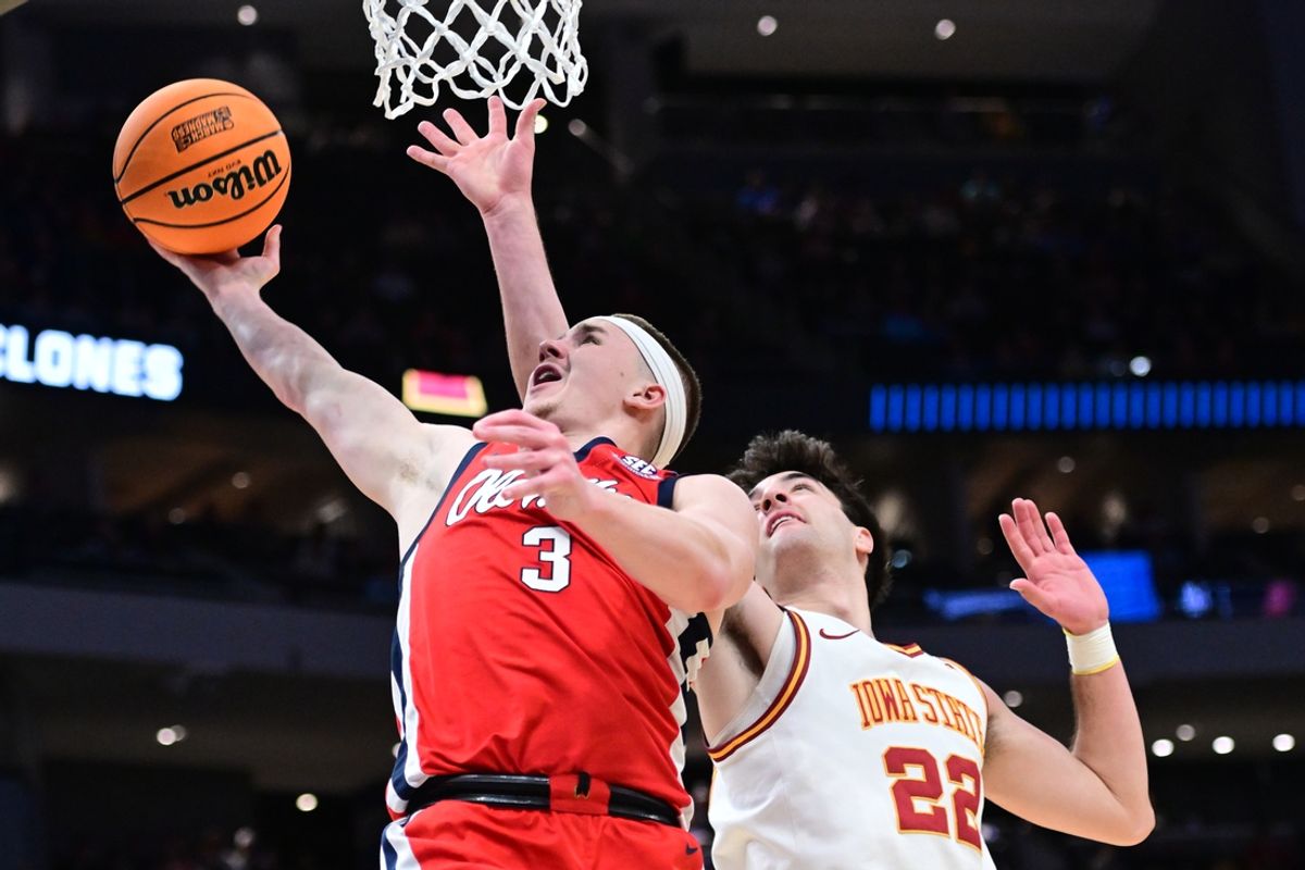 Mar 23, 2025; Milwaukee, WI, USA;  Mississippi Rebels guard Sean Pedulla (3) shoots against Iowa State Cyclones forward Milan Momcilovic (22) during the second half in the second round of the NCAA Tournament at Fiserv Forum. Mandatory Credit: Benny Sieu-Imagn Images