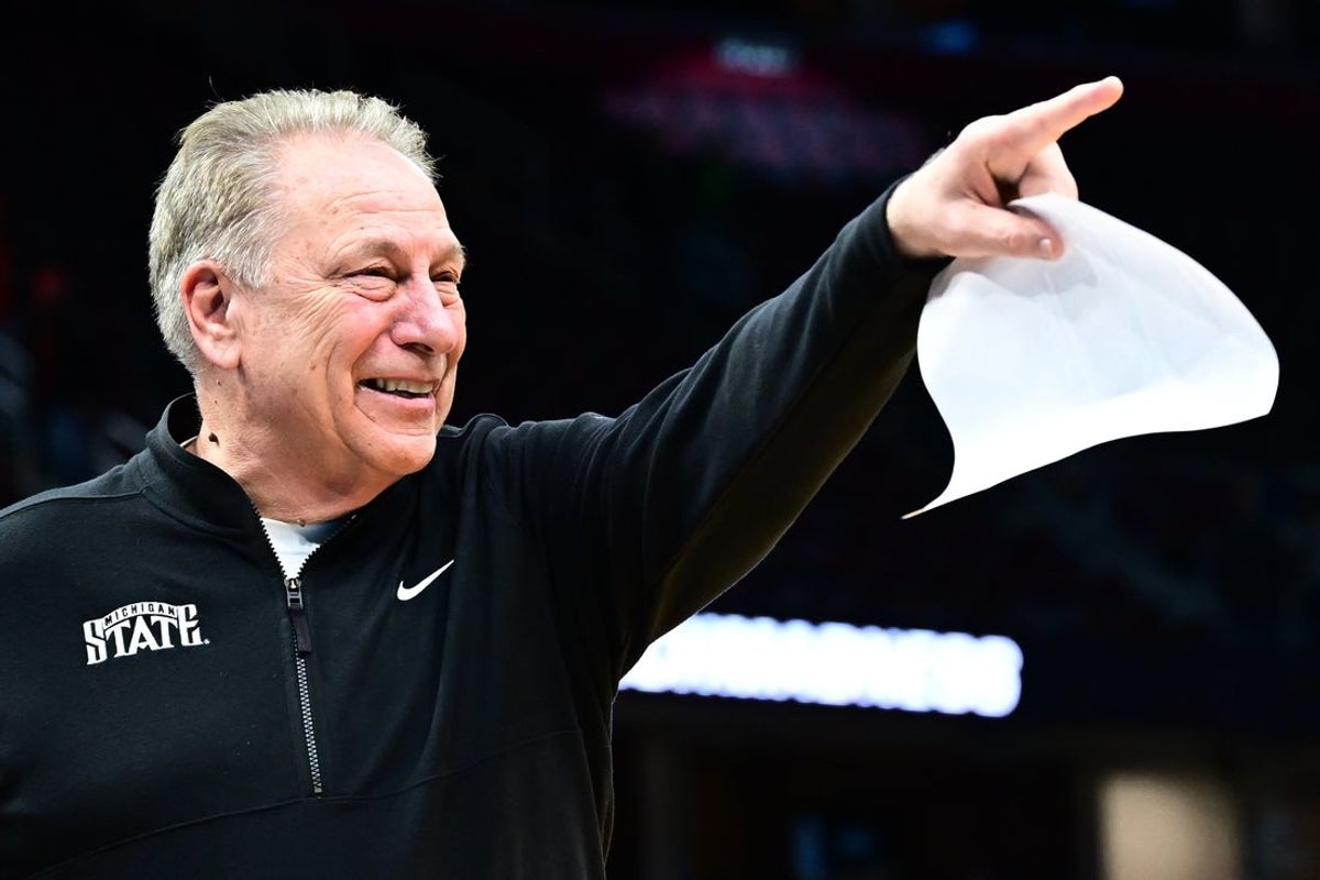 Mar 23, 2025; Cleveland, OH, USA; Michigan State Spartans head coach Tom Izzo celebrates after the game against the New Mexico Lobos during the NCAA Tournament Second Round at Rocket Arena. Mandatory Credit: Ken Blaze-Imagn Images
