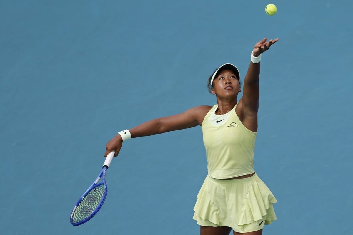 Mar 24, 2025; Miami, FL, USA; Naomi Osaka (JPN) serves against Jasmine Paolini (ITA)(not pictured) on day seven of the Miami Open at Hard Rock Stadium. Mandatory Credit: Geoff Burke-Imagn Images