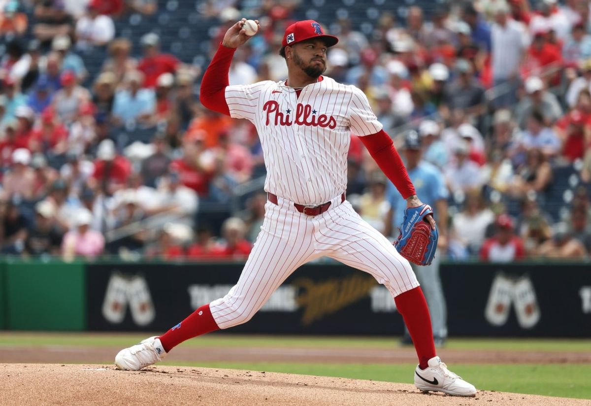 Mar 24, 2025; Clearwater, Florida, USA;  Philadelphia Phillies starting pitcher Taijuan Walker (99) throws a pitch during the first inning against the Tampa Bay Rays at BayCare Ballpark. Mandatory Credit: Kim Klement Neitzel-Imagn Images