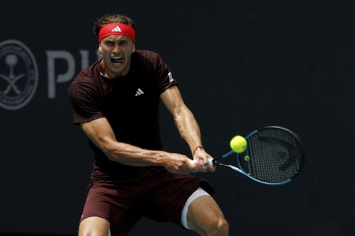 Mar 24, 2025; Miami, FL, USA; Alexander Zverev (GER) hits a backhand against Jordan Thompson (AUS)(not pictured) on day seven of the Miami Open at Hard Rock Stadium. Mandatory Credit: Geoff Burke-Imagn Images