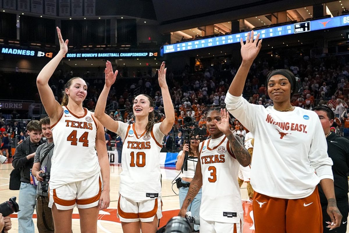 From left, Texas Longhorns seniors Taylor Jones (44), Shay Holle (10), Rori Harmon (3), and Aaliyah Moore (23) wave to the crowd after the second round NCAA playoff game against Illinois at the Moody Center on Monday, March 24, 2025.