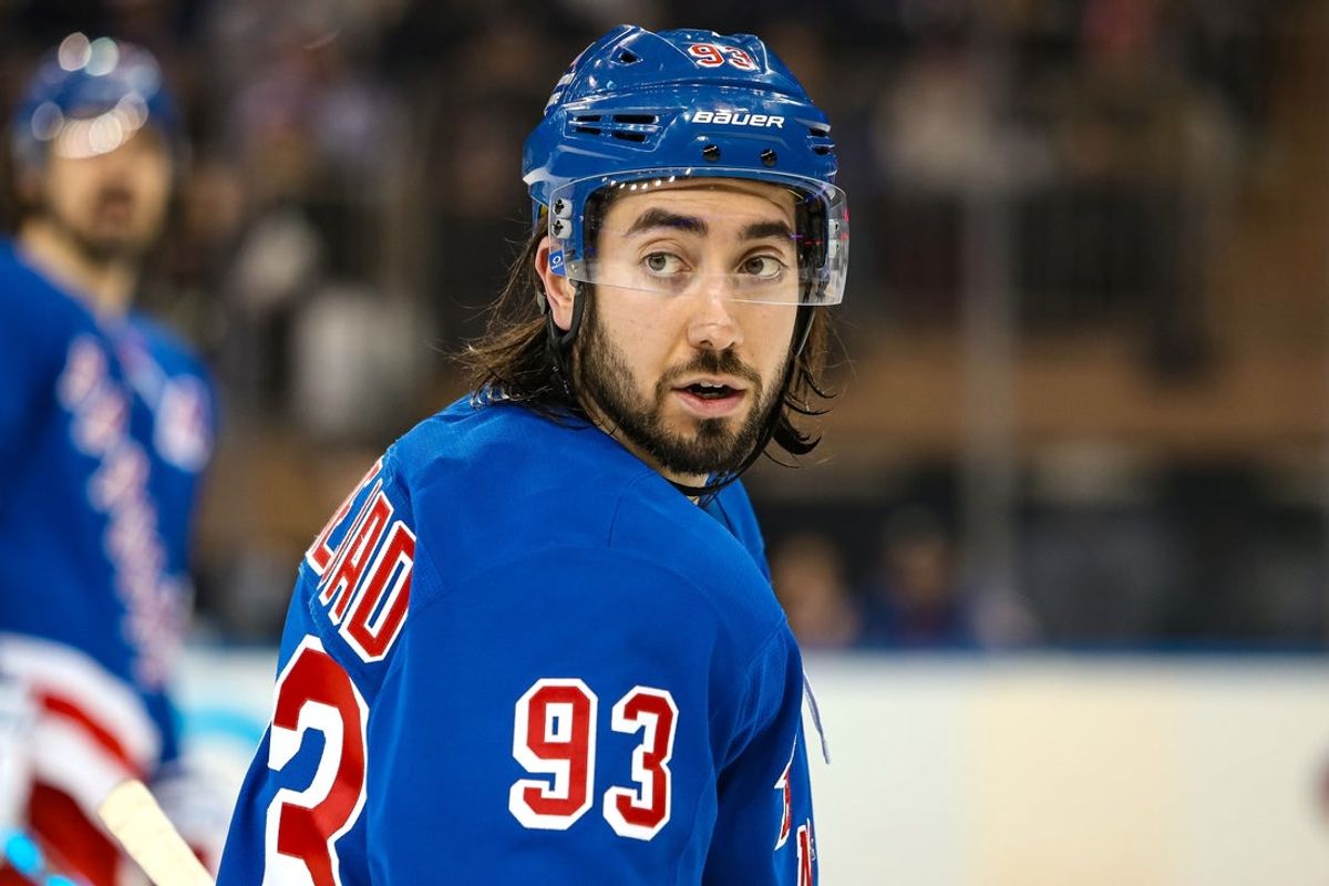 Mar 22, 2025; New York, New York, USA; New York Rangers center Mika Zibanejad (93) skates against the Vancouver Canucks during the third period at Madison Square Garden. Mandatory Credit: Danny Wild-Imagn Images