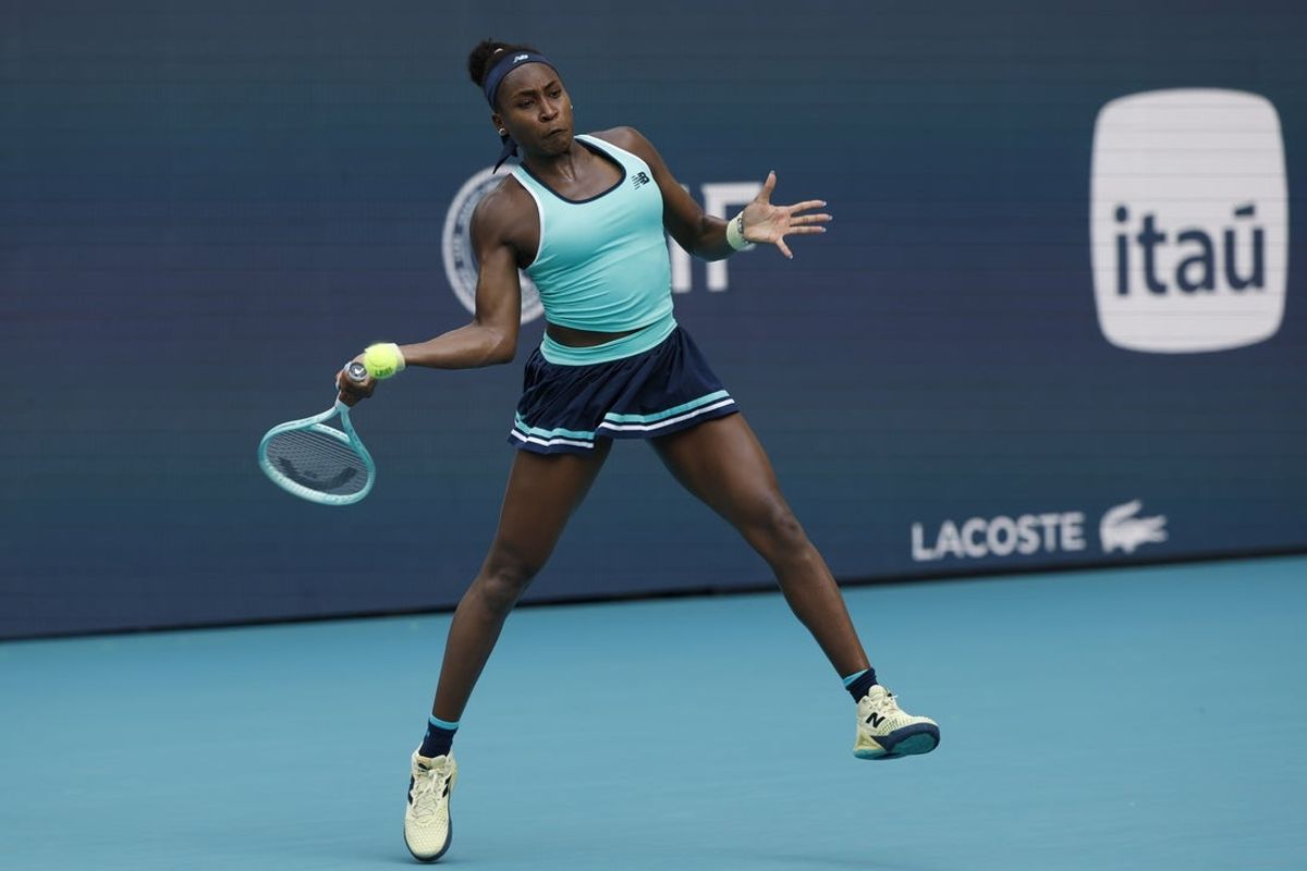 Mar 24, 2025; Miami, FL, USA; Coco Gauff (USA) hits a forehand against Magna Linette (POL)(not pictured) on day seven of the Miami Open at Hard Rock Stadium. Mandatory Credit: Geoff Burke-Imagn Images