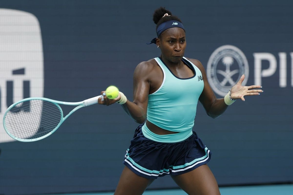 Mar 24, 2025; Miami, FL, USA; Coco Gauff (USA) hits a forehand against Magna Linette (POL)(not pictured) on day seven of the Miami Open at Hard Rock Stadium. Mandatory Credit: Geoff Burke-Imagn Images