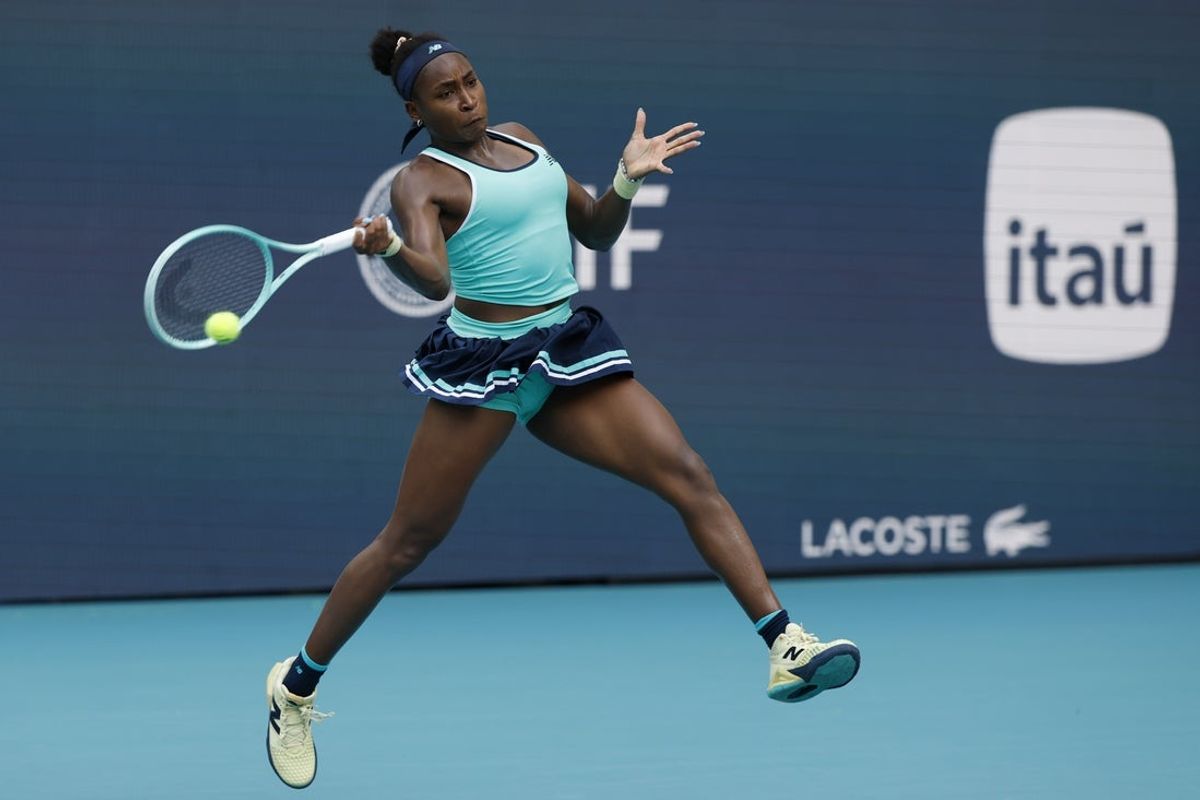 Mar 24, 2025; Miami, FL, USA; Coco Gauff (USA) hits a forehand against Magna Linette (POL)(not pictured) on day seven of the Miami Open at Hard Rock Stadium. Mandatory Credit: Geoff Burke-Imagn Images