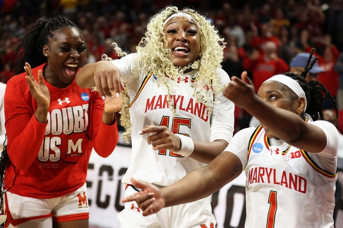 Mar 24, 2025; College Park, Maryland, USA; Maryland Terrapins forward Christina Dalce (15) and Maryland Terrapins guard Sarah Te-Biasu (1) celebrate after a game against the Alabama Crimson Tide at Xfinity Center. Mandatory Credit: Daniel Kucin Jr.-Imagn Images