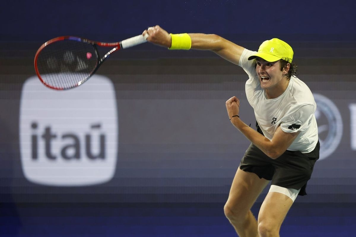 Mar 24, 2025; Miami, FL, USA; Joao Fonseca (BRA) serves against Alex de Minaur (AUS)(not pictured) on day seven of the Miami Open at Hard Rock Stadium. Mandatory Credit: Geoff Burke-Imagn Images