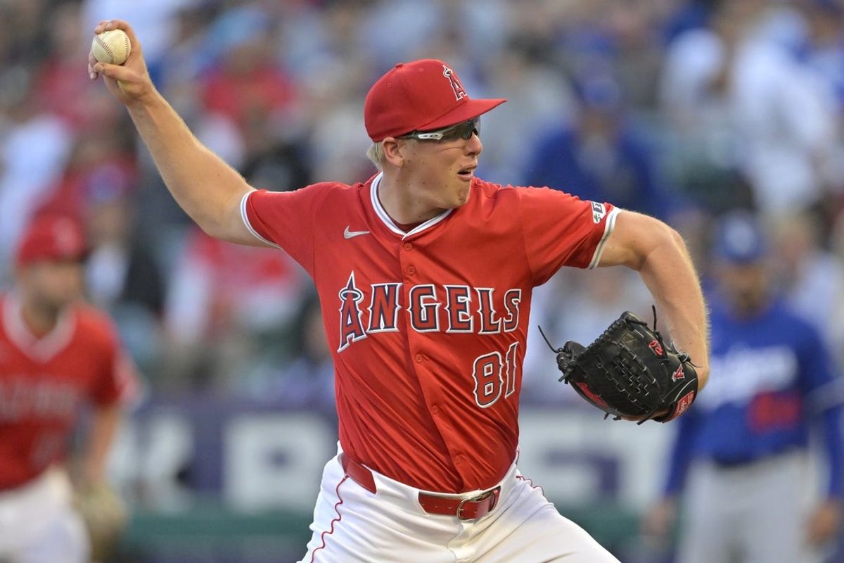 Mar 24, 2025; Anaheim, California, USA;  Los Angeles Angels starting pitcher Ryan Johnson (81) delivers to the plate in the second inning against the Los Angeles Dodgers at Angel Stadium. Mandatory Credit: Jayne Kamin-Oncea-Imagn Images