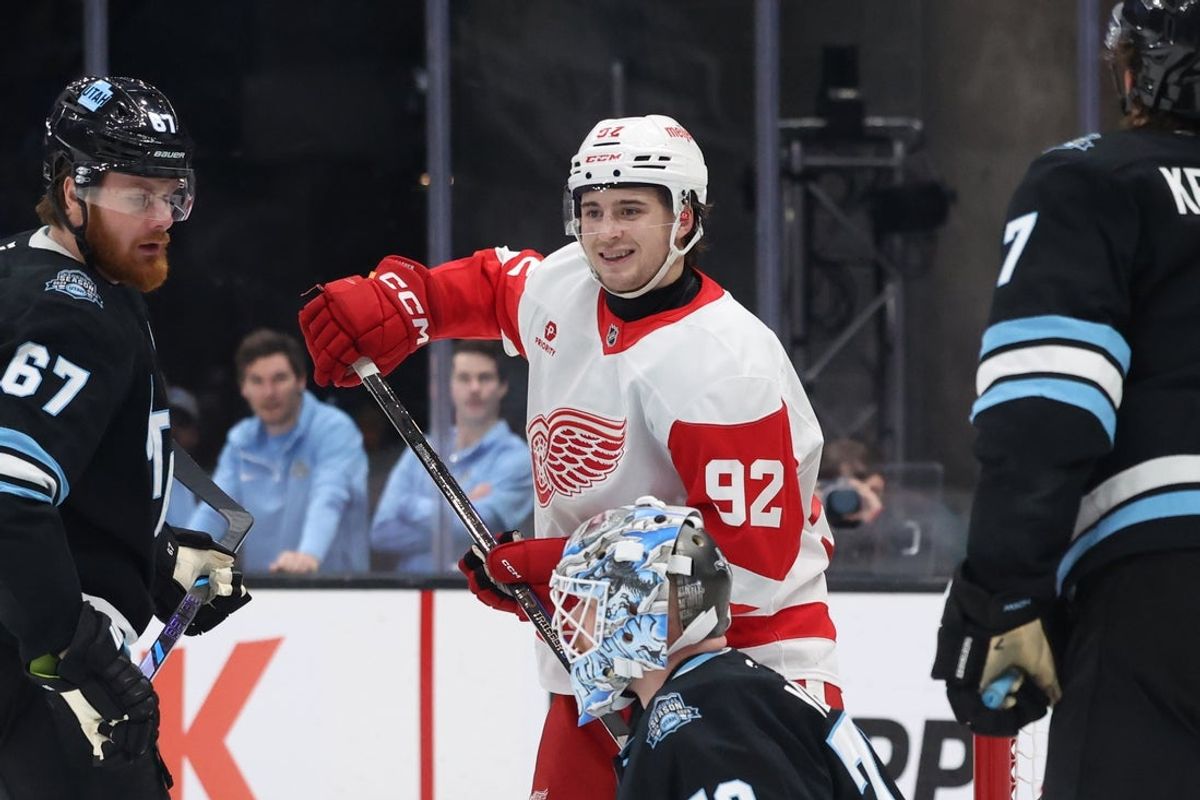 Mar 24, 2025; Salt Lake City, Utah, USA; Detroit Red Wings center Marco Kasper (92) celebrates a goal against the Utah Hockey Club during the second period at Delta Center. Mandatory Credit: Rob Gray-Imagn Images