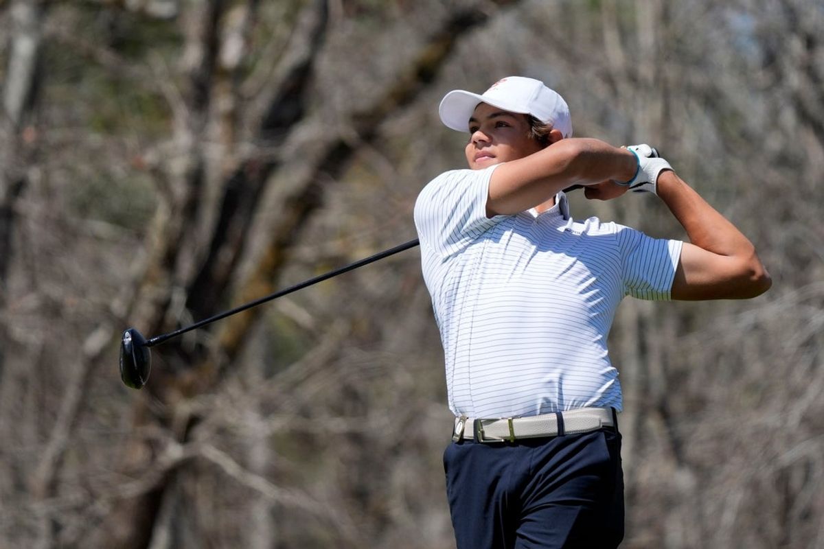 Mar 22, 2025; Graniteville, South Carolina, USA; Charlie Woods tees off No. 11 during the final round of the Junior Invitational at Sage Valley Golf Club. Mandatory Credit: Katie Goodale - Augusta Chronicle/USA TODAY NETWORK